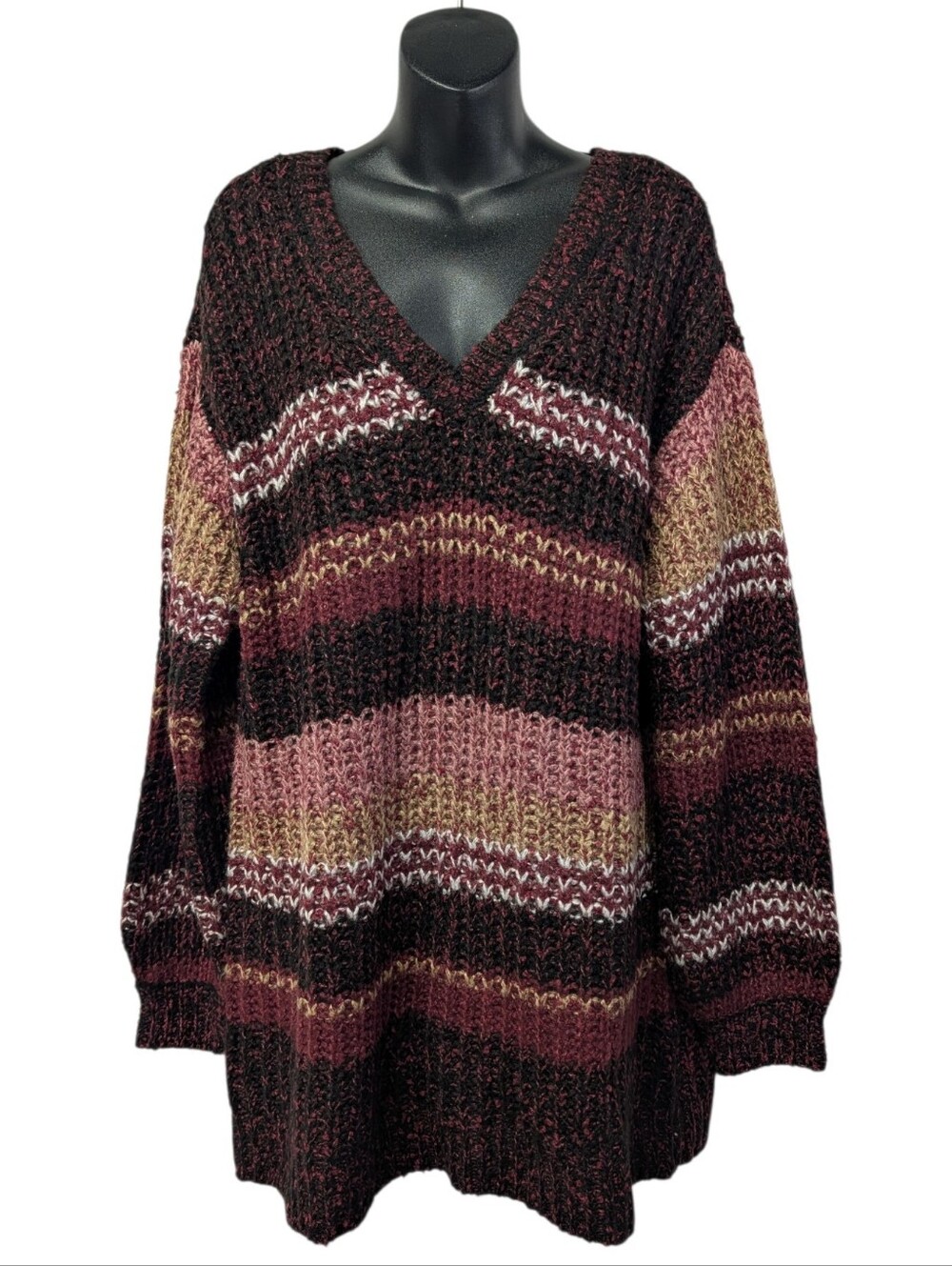 Lane Bryant Striped Chunky Knit V-Neck Sweater Tunic Burgundy Pink Plus Sz 14/16